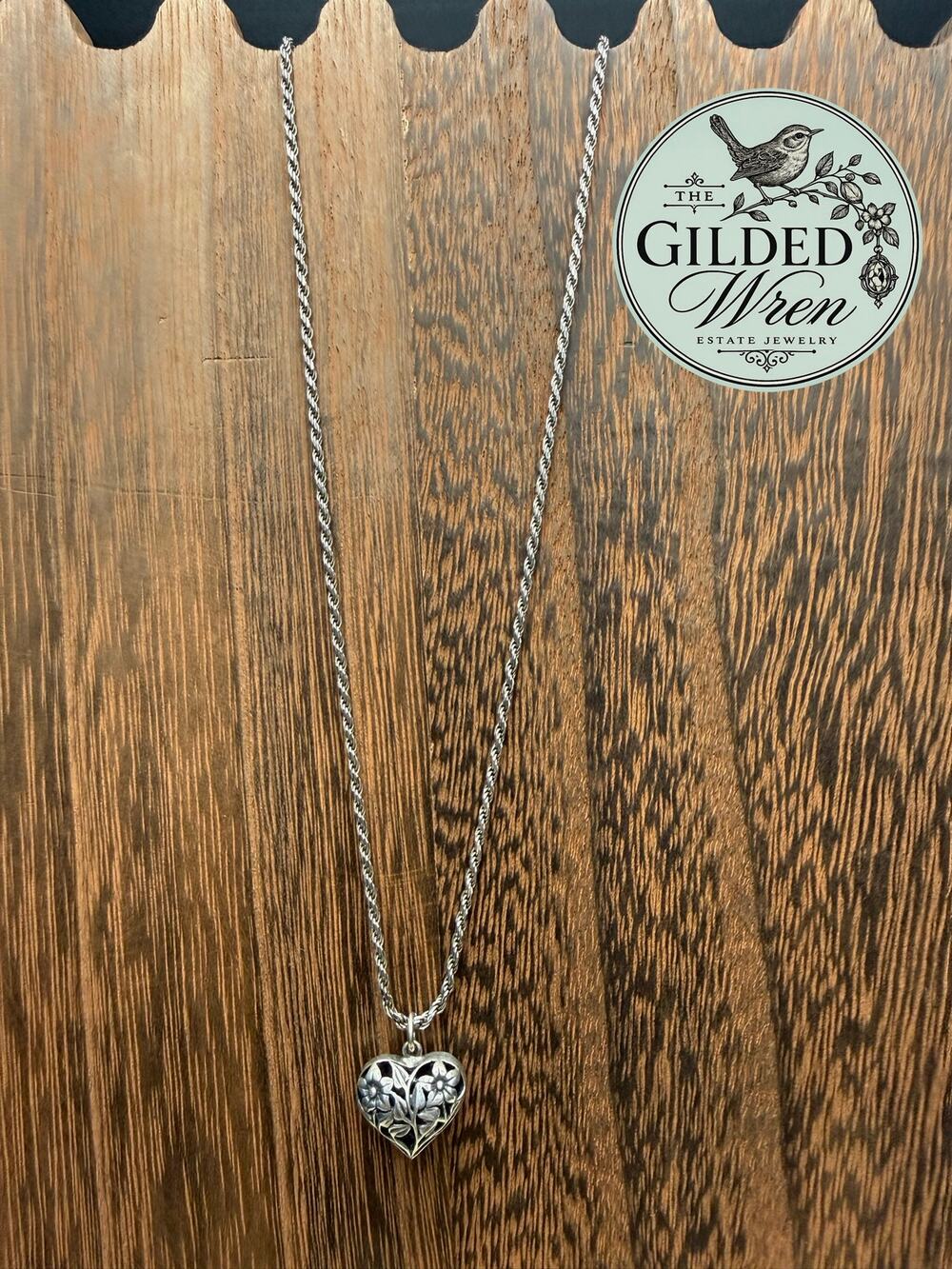 Vintage Sterling Silver Puffy Heart Floral Necklace 925 16”